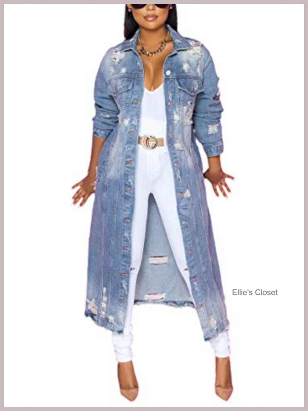 Women's Long Denim Jacket Ripped Distressed Maxi Trench Coat